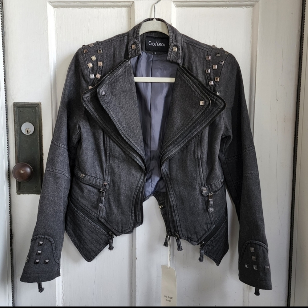 ChouYatou Dark Charcoal Studded Denim Zip Up Jacket, Sz S
